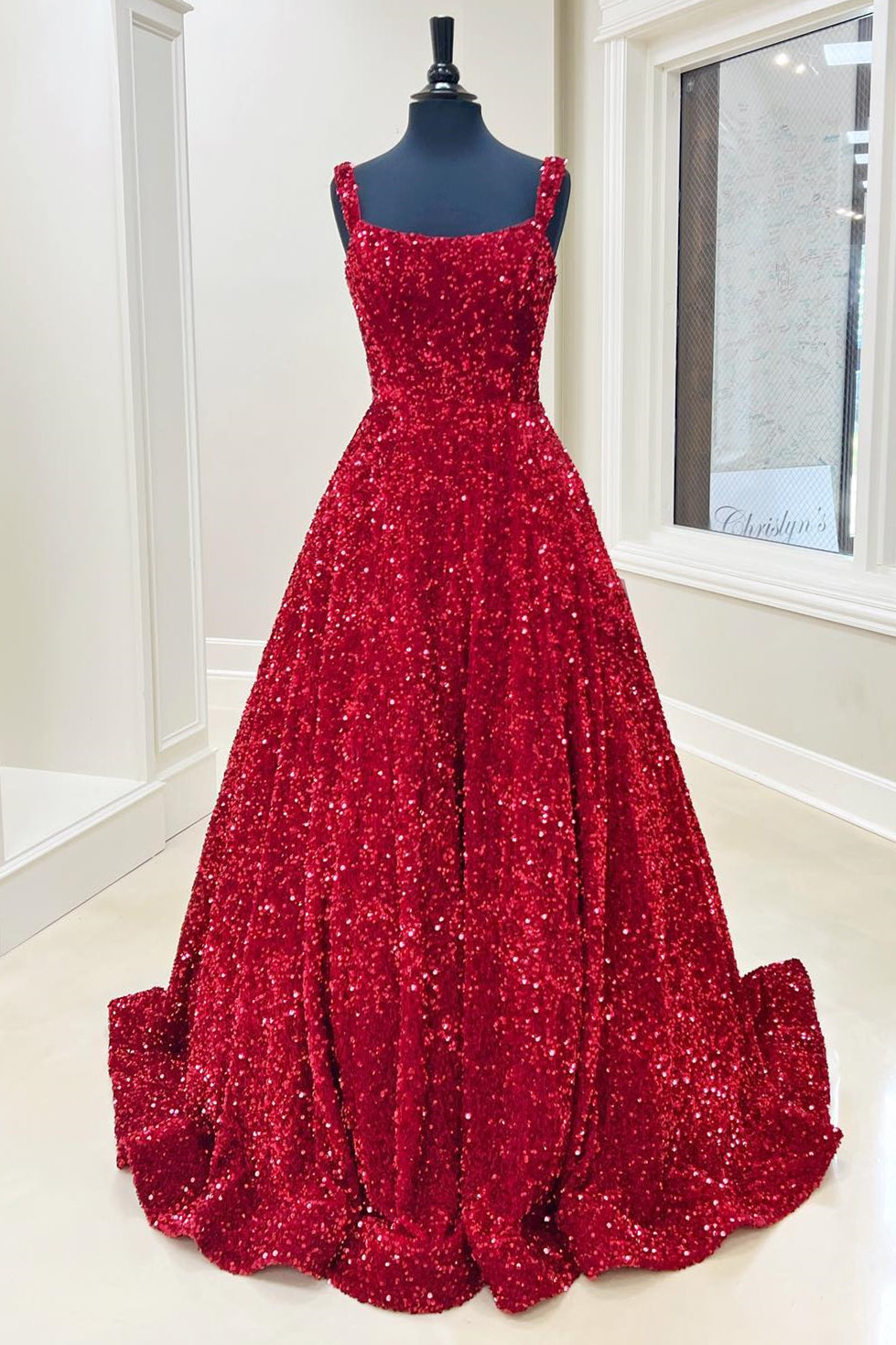 Evening Dress 1935S, Red Sequin Square Neck Backless A-Line Long Prom Gown
