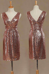 Evening Dress Italy, Rose Gold Sequin V-Neck Backless Short Bridesmaid Dress