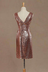 Evening Dress Elegant Classy, Rose Gold Sequin V-Neck Backless Short Bridesmaid Dress