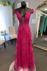 Formal Dresses Vintage, Fuchsia Off-the-Shoukder Floral A-line Long Prom Dress