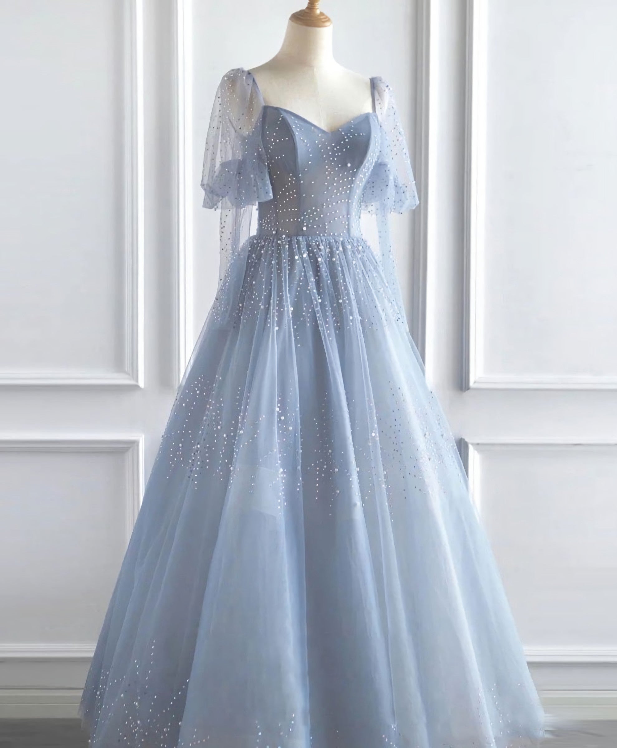 Bridesmaid Dresses Website, Blue V Neck Tulle Sequin Long Prom Dress, Blue Tulle Formal Dress, 1
