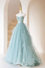 Bridesmaid Dress Sleeveless, Cute Tulle Strapless Long Prom Dress, A-Line Lace Formal Evening Dress
