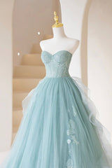 Bridesmaid Dresses Sleeveless, Cute Tulle Strapless Long Prom Dress, A-Line Lace Formal Evening Dress