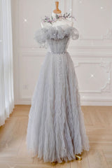 Party Dress Near Me, Gray Tulle A Line Off the Shoulder Formal Evening Dresses Long Prom Dresses