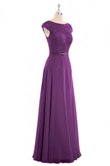 Formal Dress For Weddings Guest, Elegant Purple Lace Cap Sleeve A-Line Long Bridesmaid Dress
