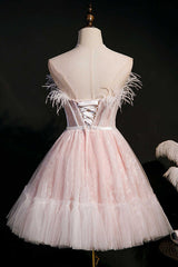 Prom Dresses Aesthetic, Pink Feather Strapless A-Line Short Homecoming Dress