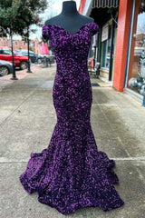 Homecoming Dresses Sparkles, Purple Sequin Off-the-Shoulder Lace-Up Mermaid Long Dress