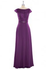 Formal Dresses Wedding Guest, Elegant Purple Lace Cap Sleeve A-Line Long Bridesmaid Dress