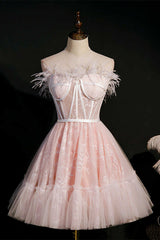 Prom Dress Aesthetic, Pink Feather Strapless A-Line Short Homecoming Dress