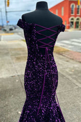 Homecomming Dress Black, Purple Sequin Off-the-Shoulder Lace-Up Mermaid Long Dress