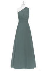 Casual Gown, Dark Sage Green Chiffon One-Shoulder Long Bridesmaid Dress
