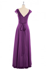Formal Dress To Attend Wedding, Elegant Purple Lace Cap Sleeve A-Line Long Bridesmaid Dress