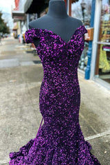 Homecoming Dresses Black, Purple Sequin Off-the-Shoulder Lace-Up Mermaid Long Dress