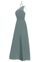 Couture Gown, Dark Sage Green Chiffon One-Shoulder Long Bridesmaid Dress