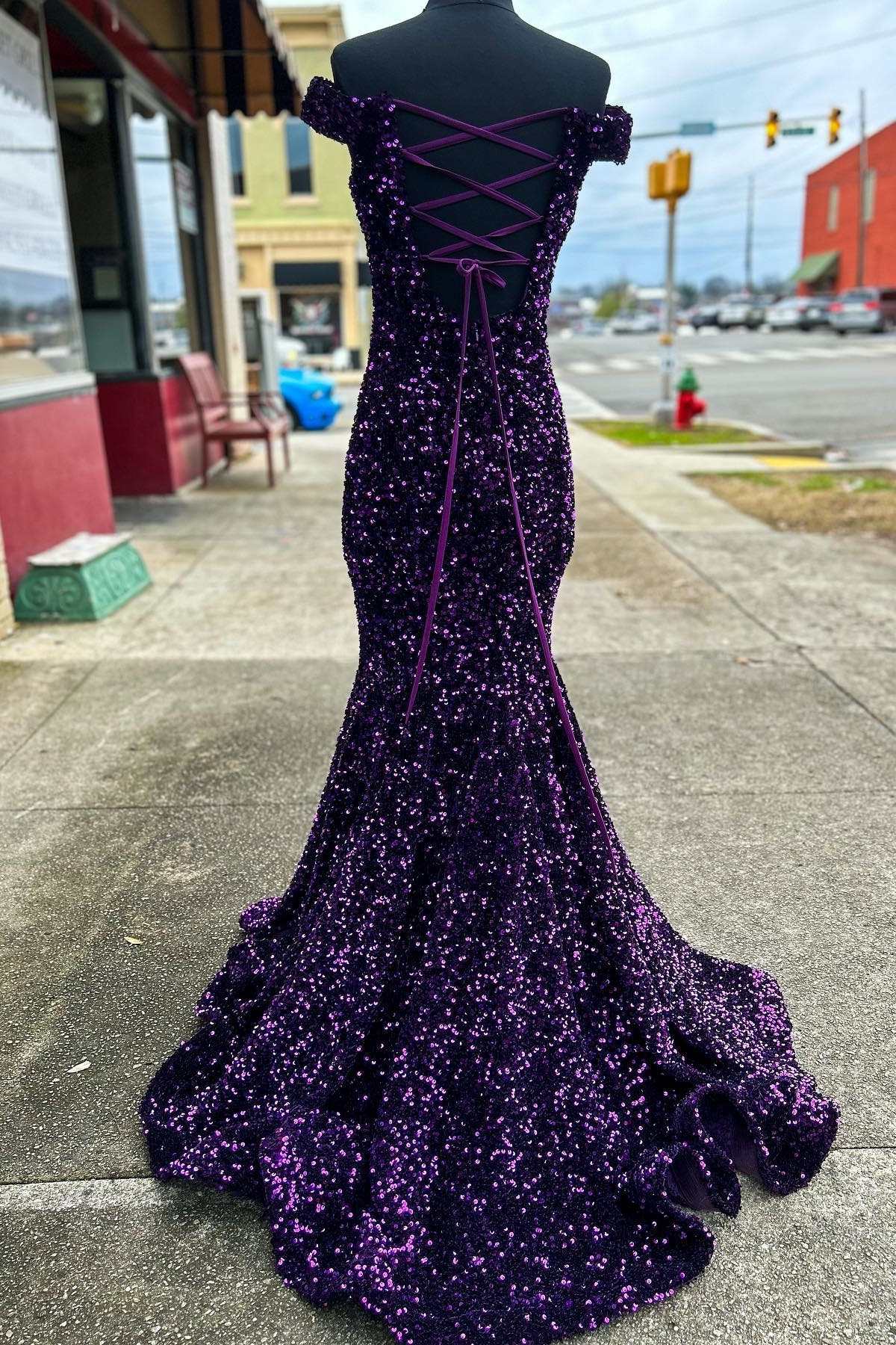 Homecoming Dresses Bodycon, Purple Sequin Off-the-Shoulder Lace-Up Mermaid Long Dress