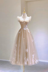 Party Dress Designs, Champagne Lace Tea Length Prom Dresses, A-Line Evening Dresses