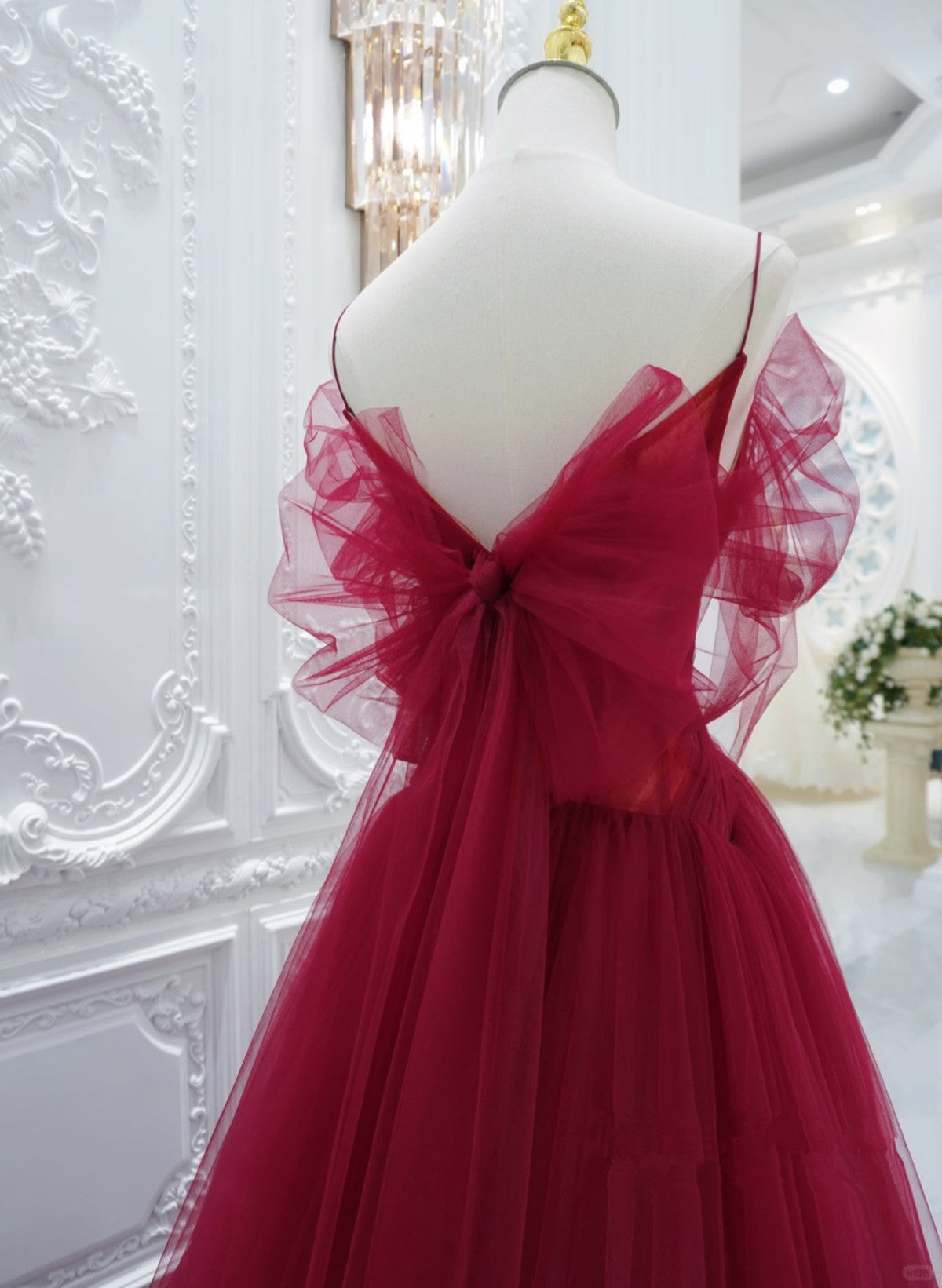 Formal Dress For Weddings Guest, Wine Red Tulle V-Neckline Off Shoulder With Bow, Wine Red Tulle Long Prom Dress