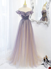 Prom Shoes, Purple Off Shoulder Tulle Sequin Long Prom Dress, Purple Evening Dress