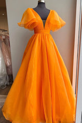 Prom Dress Gown, Orange Organza Long A-Line Prom Dress, Beautiful V-Neck Evening Dress