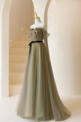 Prom Dresses With Sleeve, A-Line Tulle Long Prom Dress, Off the Shoulder Formal Evening Dress