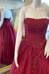 Country Wedding, Wine Red Floral Lace Strapless A-Line Prom Dress