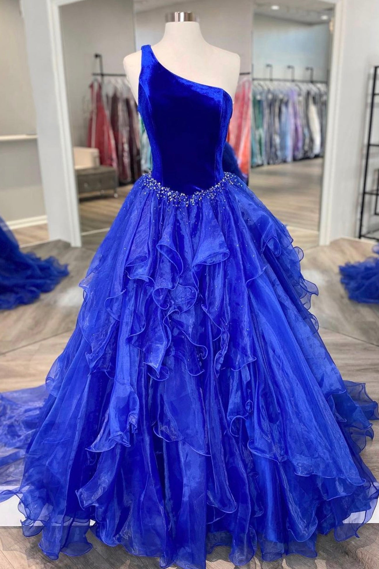 Prom Aesthetic, Blue Velvet Tulle One Shoulder Prom Dress, Blue Floor Length Evening Dress