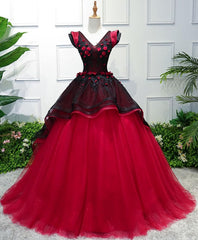 Bridesmaids Dress Black, Unique Burgundy V Neck Tulle Long Prom Dress, Burgundy Evening Dress