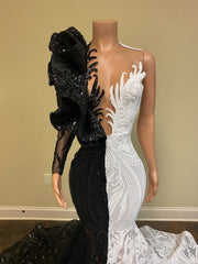 Evening Dress Open Back, Hot Half Black Half White One shoulder Long Sleeves Mermaid Prom Dresses