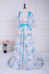 Prom Dresses Ball Gowns, Blue and White Floral Bow Tie Straps A-line Long Prom Dress with Slit