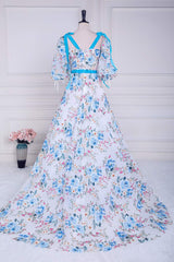 Prom Dresses Laces, Blue and White Floral Bow Tie Straps A-line Long Prom Dress with Slit
