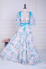 Prom Dressed Ball Gown, Blue and White Floral Bow Tie Straps A-line Long Prom Dress with Slit