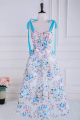 Prom Dresses With Shorts, Blue and White Floral Bow Tie Straps A-line Tea-Length Prom Dress