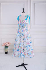 Prom Dresses Nearby, Blue and White Floral Bow Tie Straps A-line Tea-Length Prom Dress