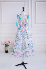 Prom Dress With Shorts, Blue and White Floral Bow Tie Straps A-line Tea-Length Prom Dress