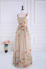 Evening Dress Designer, Dusty Pink Sequined Floral Appliques A-line Long Prom Dress