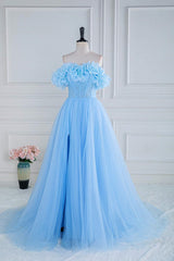 Fall Wedding Ideas, Light Blue Flowers Off-Shoulder A-line Long Prom Dress with Slit