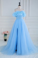 Wedding Inspiration, Light Blue Flowers Off-Shoulder A-line Long Prom Dress with Slit