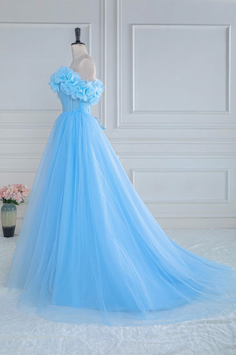 Prom Shoes, Light Blue Flowers Off-Shoulder A-line Long Prom Dress with Slit
