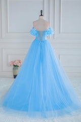 Silk Wedding Dress, Light Blue Flowers Off-Shoulder A-line Long Prom Dress with Slit