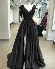 Bridesmaid Dress Styles, Lace Flowers Beaded Cap Sleeves V Neck Prom Dresses, Split Evening Gowns