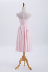 Prom Dresses A Line, Princess Pink Chiffon and Lace Short Sleeves Bridesmaid Dress