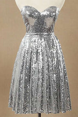 Prom Inspo, Silver Sequin Sweetheart A-Line Knee Length Bridesmaid Dress