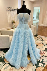 Blue Bridesmaid Dress, Light Blue Sheer Mesh Off-the-Shoulder Long Prom Dress with Ruffles