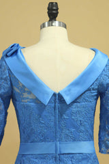 Prom Dresses Cute, Blue Lace Crew Neck Half Sleeve Short Mother of the Bride Dress