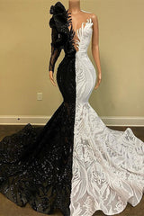 Evening Dress Sleeve, Hot Half Black Half White One shoulder Long Sleeves Mermaid Prom Dresses