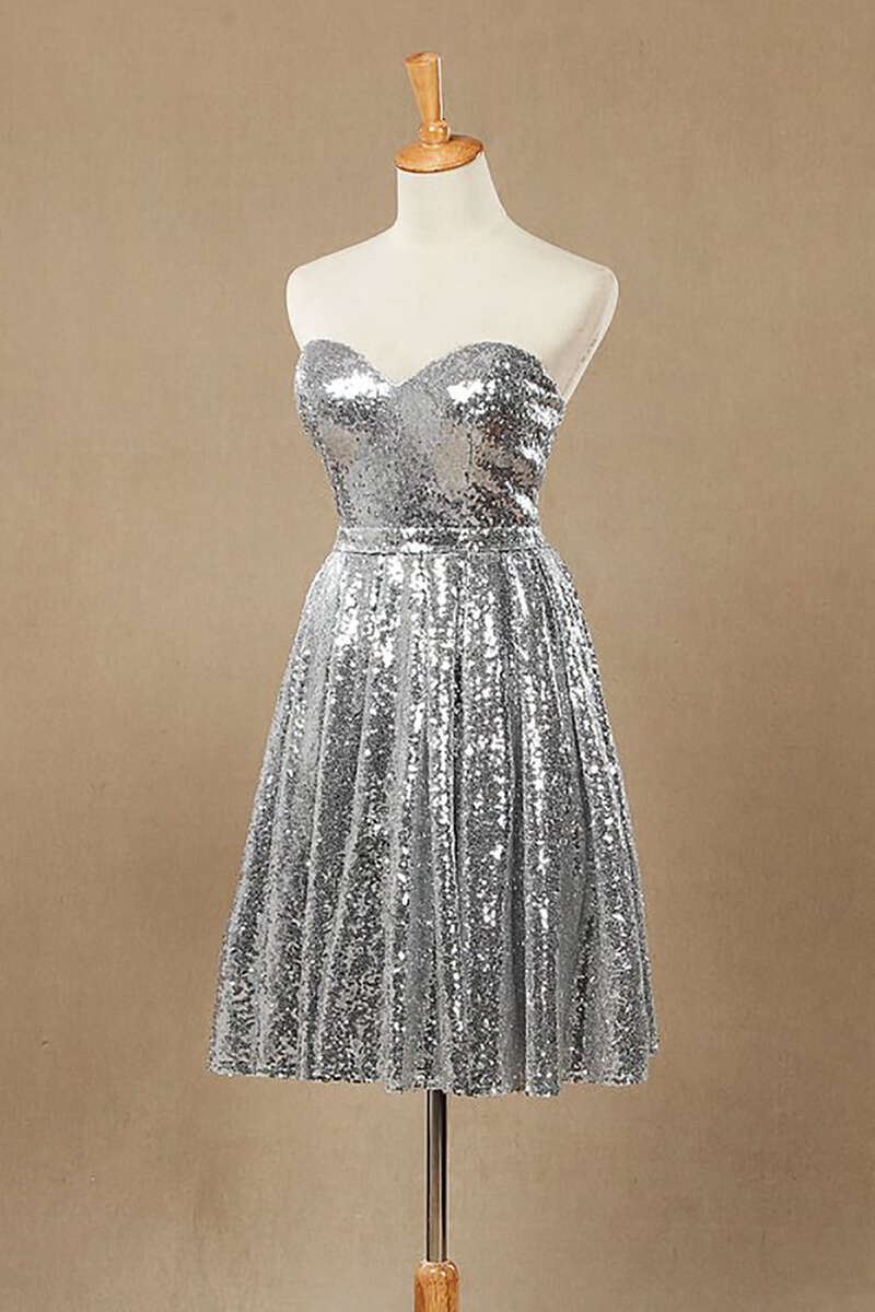 Royal Dress, Silver Sequin Sweetheart A-Line Knee Length Bridesmaid Dress