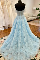 Pink Bridesmaid Dress, Light Blue Sheer Mesh Off-the-Shoulder Long Prom Dress with Ruffles