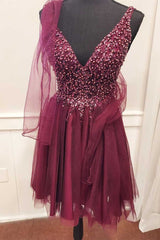 Prom Dress Long Sleeves, A-Line Burgundy Beaded Tie-Back Homecoming Dress
