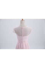 Prom Dresses 2033, Princess Pink Chiffon and Lace Short Sleeves Bridesmaid Dress