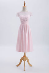 Prom Dresses Outfits, Princess Pink Chiffon and Lace Short Sleeves Bridesmaid Dress